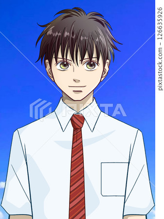 An anime-style illustration of a male student or working adult in a shirt and tie with a positive smile under a blue sky 126635926