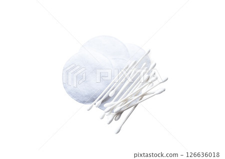 Cotton pads and swabs stacked together on a white background, showcasing essential beauty and personal care items for skincare routines and makeup application Cotton pads and swabs stacked together on a white background, showcasing essential beauty and personal care items for skincare routines and makeup application 126636018
