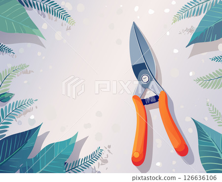 Illustrated herb shears appear close up across blank area emphasizing sharp blue gray blades and ergonomic grip surrounding leaf silhouettes create natural frame inspiring organic product 126636106