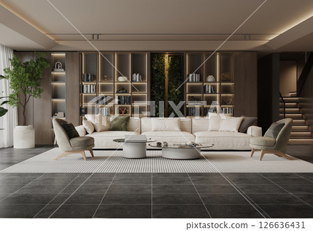 Modern Living Room with Feature Bookshelf Modern Living Room with Feature Bookshelf 126636431