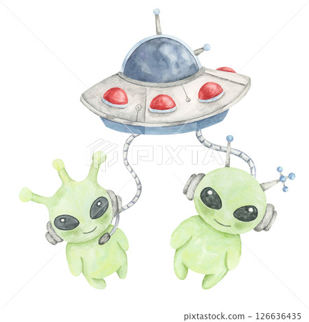 Watercolor clipart of silver-red UFO beaming up two small green aliens with antennae and headphones. Space creatures. Great for party decor, childrens puzzles, and themed event posters Watercolor clipart of silver-red UFO beaming up two small green aliens with antennae and headphones. Space creatures. Great for party decor, childrens puzzles, and themed event posters 126636435
