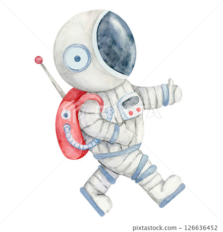 Walking astronaut with gray and white spacesuit with blue visor and red backpack in watercolor. Spaceman clipart. Great for childrens books, wall posters, STEM event flyers, or birthday party graphics 126636452