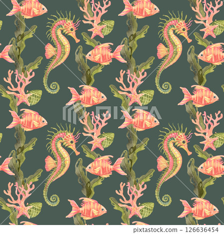 Striped coral seahorses and pink sea stars with green kelp on dark slate blue, rendered in watercolor clipart seamless pattern. Use for bold textile prints or coastal home goods 126636454