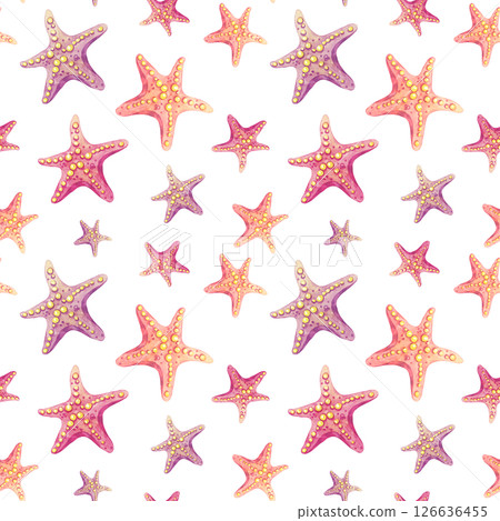 Assorted pink, orange, and purple watercolor starfish arranged in varied sizes in a seamless clipart pattern. Use for nursery items, scrapbook kits, or ocean-themed gift wrapping. Assorted pink, orange, and purple watercolor starfish arranged in varied sizes in a seamless clipart pattern. Use for nursery items, scrapbook kits, or ocean-themed gift wrapping. 126636455