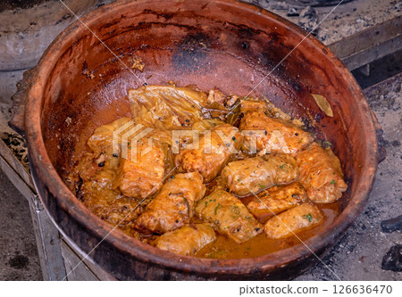 Regional traditional food cabbage rolls sold on market fair Regional traditional food cabbage rolls sold on market fair 126636470