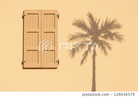 Dayllght shutters on the window with palm shadow on wall 126636579