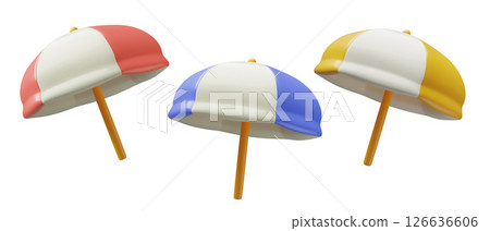 Beach umbrella red yellow and blue 3d vector parasol icons Beach umbrella red yellow and blue 3d vector parasol icons 126636606