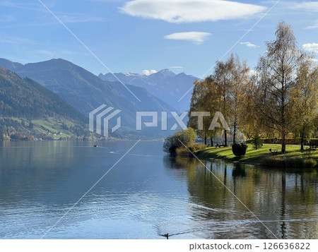Beautiful view of Zell am See lake in Austria. Green landscape at the background Alps mountains Beautiful view of Zell am See lake in Austria. Green landscape at the background Alps mountains 126636822