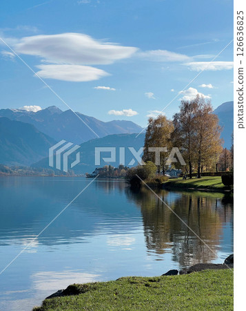 Beautiful view of Zell am See lake in Austria. Green landscape at the background Alps mountains Beautiful view of Zell am See lake in Austria. Green landscape at the background Alps mountains 126636825