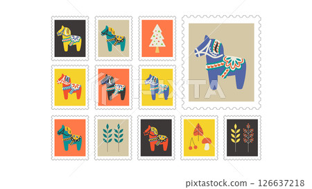 2026 Dalarna Horse stamp frame vector illustration set 126637218
