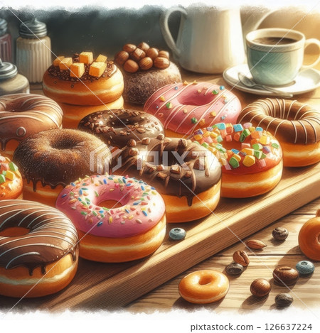 Colorful assorted donuts with icing, sprinkles and toppings on wooden tray with coffee cup and scattered coffee beans 126637224