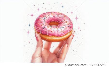 Hand holding pink glazed donut with sprinkles and sparkles on white background, colorful food illustration with copy space 126637252