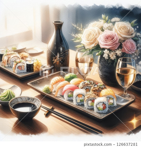 Assorted sushi rolls and nigiri with wasabi, soy sauce, sake and wine on wooden table with flowers in cozy restaurant setting, watercolor illustration Assorted sushi rolls and nigiri with wasabi, soy sauce, sake and wine on wooden table with flowers in cozy restaurant setting, watercolor illustration 126637281