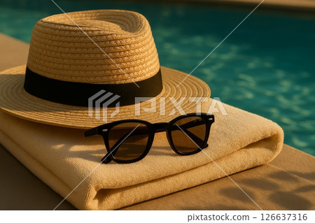 Straw hat and black sunglasses on a rolled towel by a swimming pool under sunlight 126637316