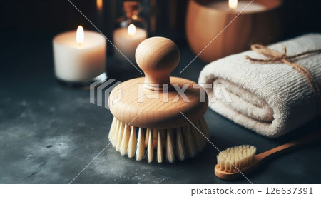 Wooden dry body brushes with towel and candles on dark spa table symbolizing natural skincare, massage therapy and wellness routine 126637391