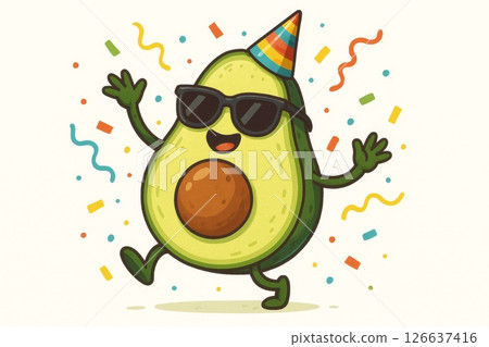 Cartoon avocado wearing sunglasses and party hat with colorful confetti on white background, birthday and celebration concept illustration 126637416