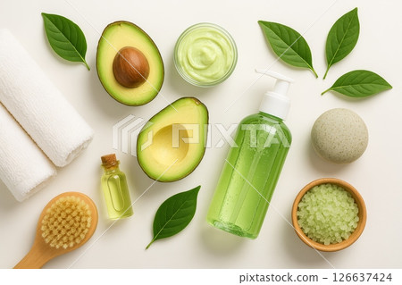 Avocado spa composition with oil, lotion, cream, salt, towel, brush and green leaves, flat lay for organic skincare and wellness concept 126637424