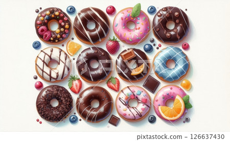 Assorted colorful donuts with chocolate, glaze, fruits and sprinkles on white background, top view illustration Assorted colorful donuts with chocolate, glaze, fruits and sprinkles on white background, top view illustration 126637430