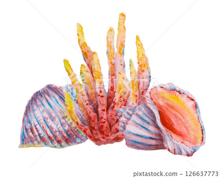 Watercolor composition of colorful coral and spiral seashells in red, yellow, violet, and orange tones. Ideal for ocean-themed designs, summer invitations, beach decor, or marine patterns. 126637773