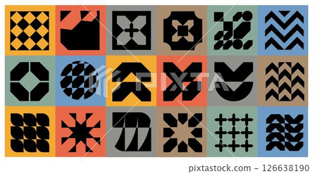 Modern mosaic background with bold abstract geometry. Minimalist postmodern composition, Swiss grid layout, brutal shapes, primitive blocks, and decorative art nouveau influence. 126638190