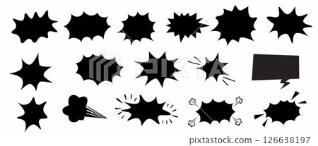 Comic style boom, explosion, and speech bubbles set. Black silhouette design for pop art and retro illustrations. 126638197