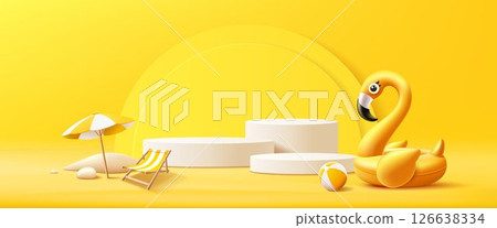 Summer podium display, Yellow flamingo inflatable swimming pool, beach umbrella, pile of sand, beach ball, banner design 126638334