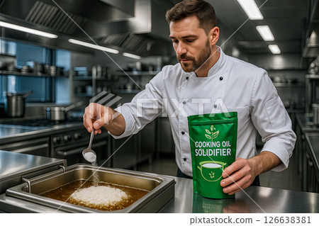 chef in restaurant kitchen adds oil solidifying powder fryer, concept sustainable waste management, plant-based non-toxic powder as solution disposing waste cooking fat and supporting green practices chef in restaurant kitchen adds oil solidifying powder fryer, concept sustainable waste management, plant-based non-toxic powder as solution disposing waste cooking fat and supporting green practices 126638381