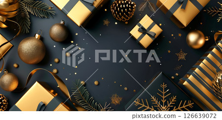 Luxurious Christmas Gifts and Ornaments on Elegant Black Background Celebration of Holiday Glam, Festive Decor, Seasonal Cheer. Copy space 126639072