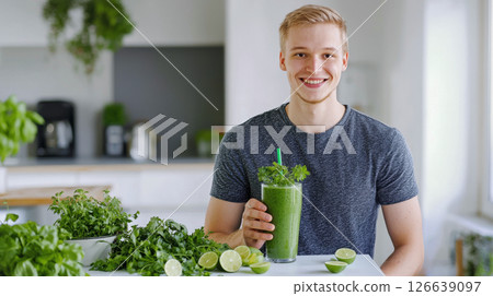 Young caucasian man enjoying healthy green smoothie with fresh greens in modern kitchen. concept of healthy lifestyle, nutrition, fresh ingredients, wellness 126639097