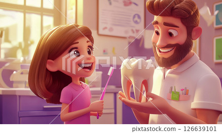 Smiling caucasian dentist explaining dental care to young caucasian girl with giant tooth model. concept of oral health education, child dental care, pediatric dentistry, healthcare awareness 126639101