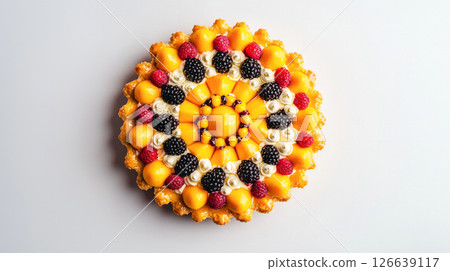 Elegant fruit tart with mango, raspberries, blackberries, and whipped cream on golden crust. Concept of gourmet pastry, summer dessert, fresh ingredients, bakery perfection Elegant fruit tart with mango, raspberries, blackberries, and whipped cream on golden crust. Concept of gourmet pastry, summer dessert, fresh ingredients, bakery perfection 126639117