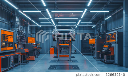 Modern automotive workshop with car on lift, bright lighting and state-of-the-art equipment. concept of engineering innovation, car maintenance, advanced technology, Auto repair shop 126639140