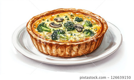 Delicious vegetable quiche on ceramic plate. concept of gourmet cuisine, watercolor illustration, savory baking, artistic food presentation, White background 126639150