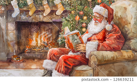 Watercolor art of Santa Claus Reading by the Fireplace, Cozy Holiday Ambiance, Christmas Tradition, and Festive Decor. Concept of Christmas Warmth, Cozy Winter Nights, Festive Decorations 126639211