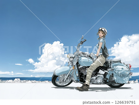 Illustration material of a woman riding a large cruiser bike to see the sea 126639791