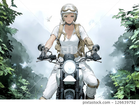 Illustration material of a woman riding a trail bike on a touring road in the forest Illustration material of a woman riding a trail bike on a touring road in the forest 126639792