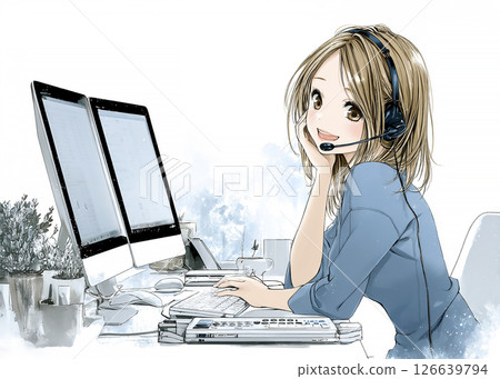 Illustration material of a young woman working in a call center 126639794
