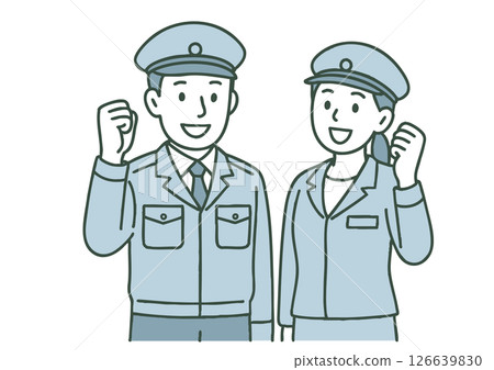 Male and female staff in uniforms express their enthusiasm with a fist pump 126639830