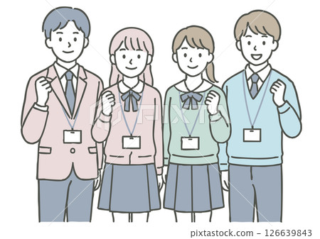 An illustration of a group of young men and women wearing name tags and posing together (new employees, interns, students) 126639843