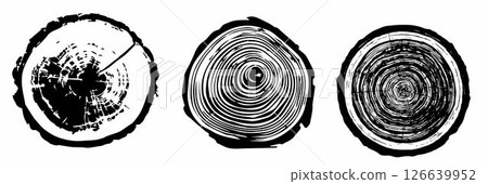 Collection of tree cross-sections. Set of tree stumps with annual rings. Natural wood texture, tree slices, vector illustration. Collection of tree cross-sections. Set of tree stumps with annual rings. Natural wood texture, tree slices, vector illustration. 126639952