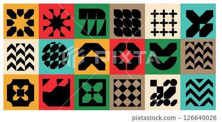 Modern mosaic background with bold abstract geometry. Minimalist postmodern composition, Swiss grid layout, brutal shapes, primitive blocks, and decorative art nouveau influence. 126640026