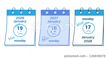 Illustration of the Blue Monday Calendar Dates specifically for January 2026, 2027, and 2028 Bundle 126640078