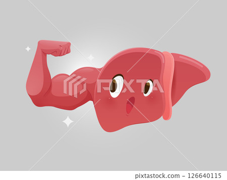This cartoon liver flexes its muscle to show the power of good care and lasting health. 126640115