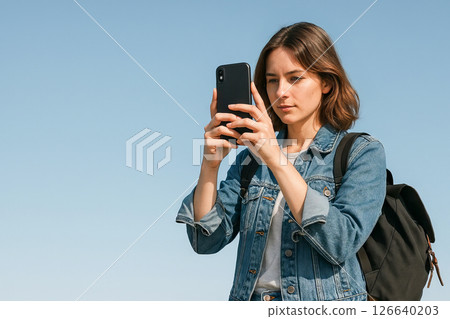 Young caucasian woman photographing outdoors with smartphone against clear blue sky. concept of outdoor photography, technology, travel, creative expression, Copy space Young caucasian woman photographing outdoors with smartphone against clear blue sky. concept of outdoor photography, technology, travel, creative expression, Copy space 126640203