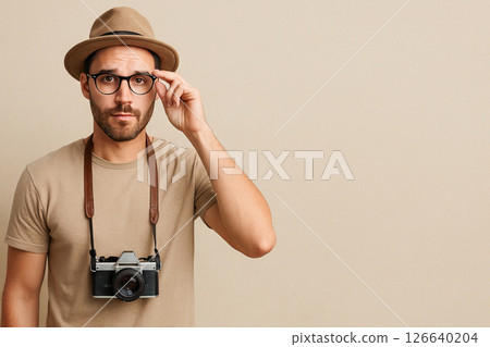 Caucasian man tourist wearing a stylish hat and glasses holding a vintage camera against a neutral background. concept of photography, fashion, artistic expression, retro style, Copy space Caucasian man tourist wearing a stylish hat and glasses holding a vintage camera against a neutral background. concept of photography, fashion, artistic expression, retro style, Copy space 126640204