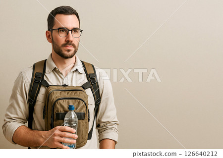 Caucasian man wearing glasses with chest backpack holding water bottle against neutral background. Concept of modern traveler, urban explorer, practical travel gear, tourism, Copy space 126640212