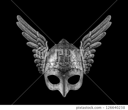 Medieval knight helmet with wings isolated on black background 126640238