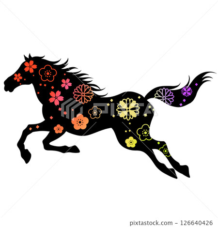 馬年：美麗的馬和花插圖，日本圖案 126640426