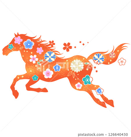 Year of the Horse: Beautiful horse and flower illustration, Japanese pattern Year of the Horse: Beautiful horse and flower illustration, Japanese pattern 126640430
