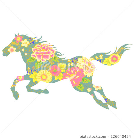 馬年：美麗的馬和花插圖，日本圖案 126640434